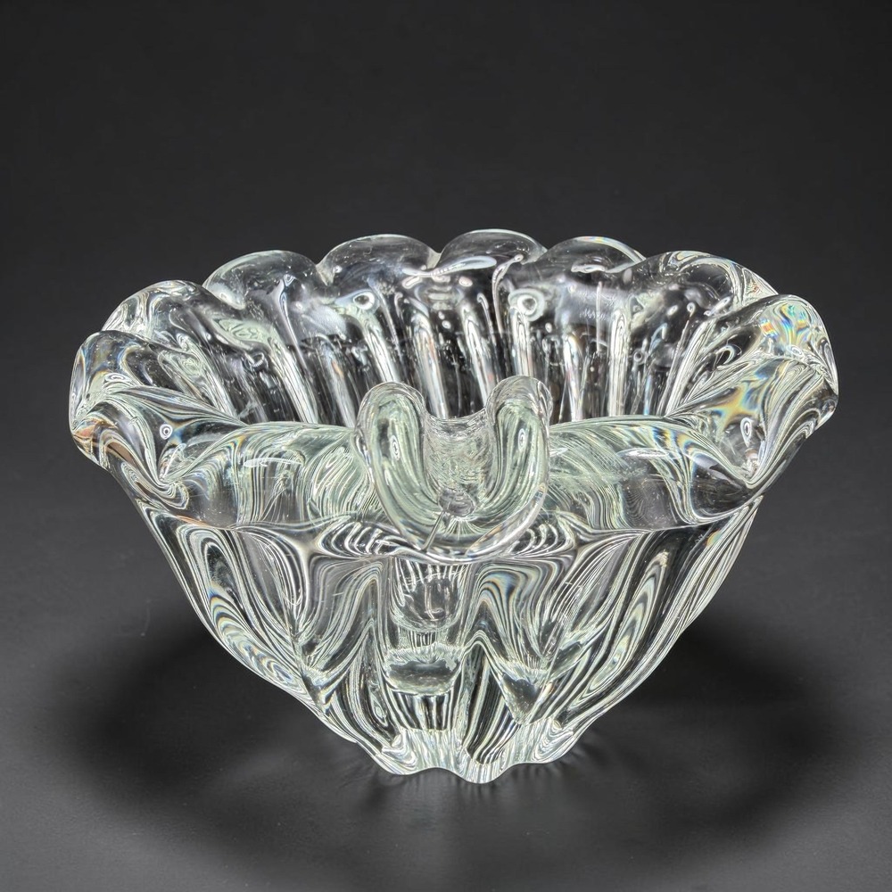 Vintage 1980s Italian Art Glass Scalloped Ruffled Ribbed Clear Heavy Bowl 5x3